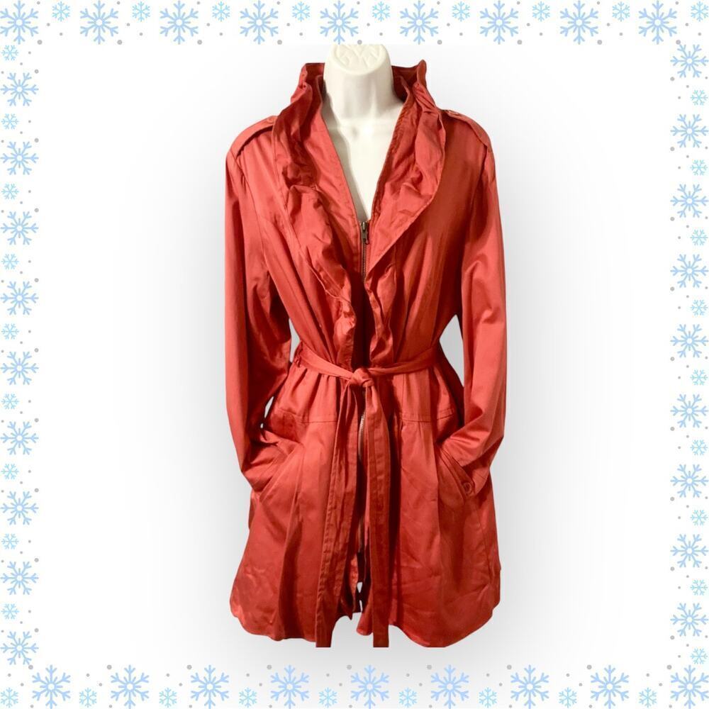 Elle Ruffle Trim Zip Front Belted Trench Coat Coral Pink XL‎